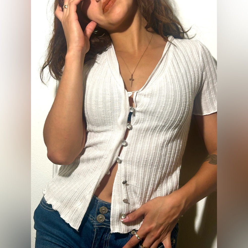 White Button-Up Ribbed Top